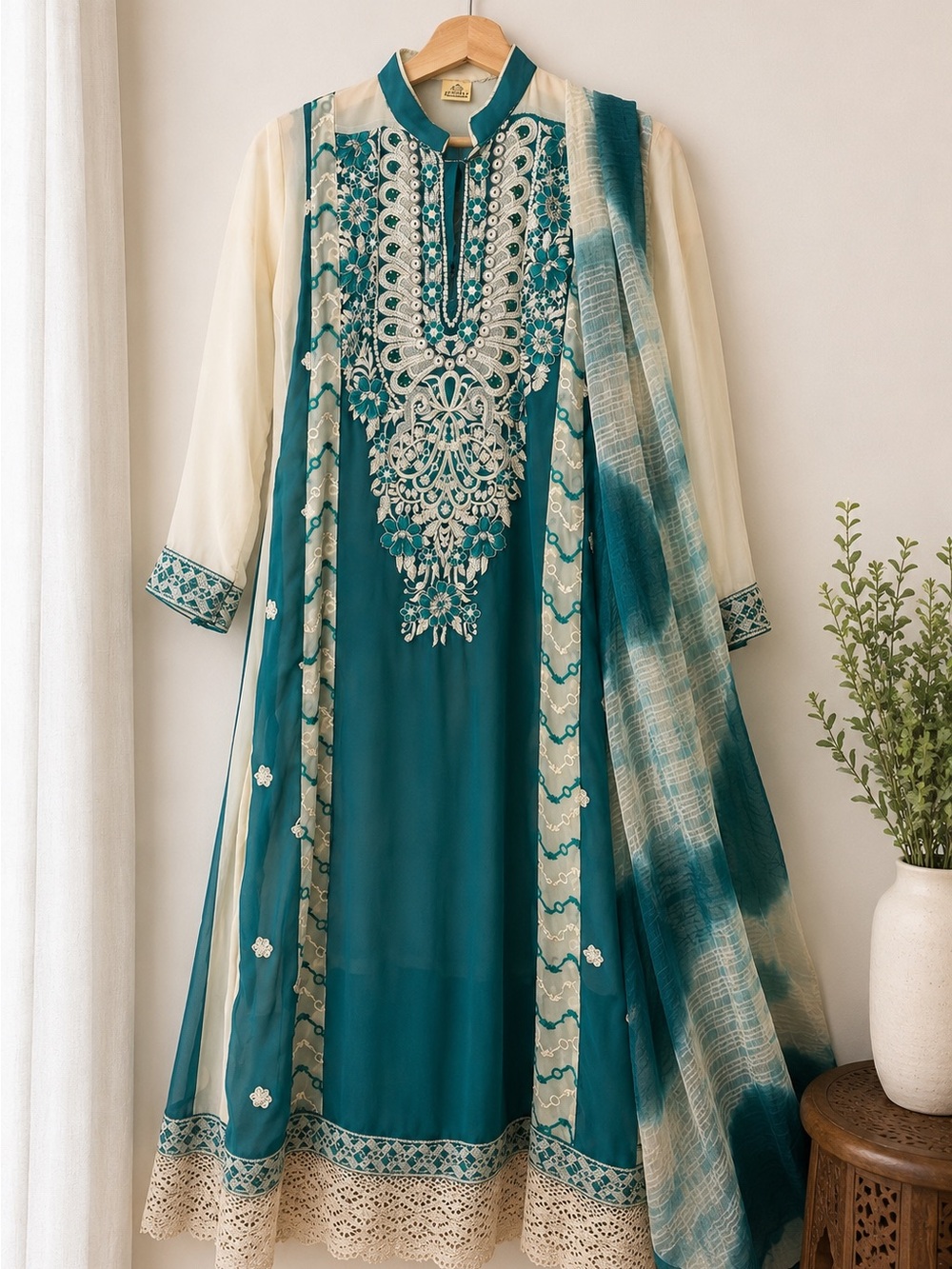 Pakistani Indian Teal Embroidered Salwar Kameez Suit XS w/ Dupatta